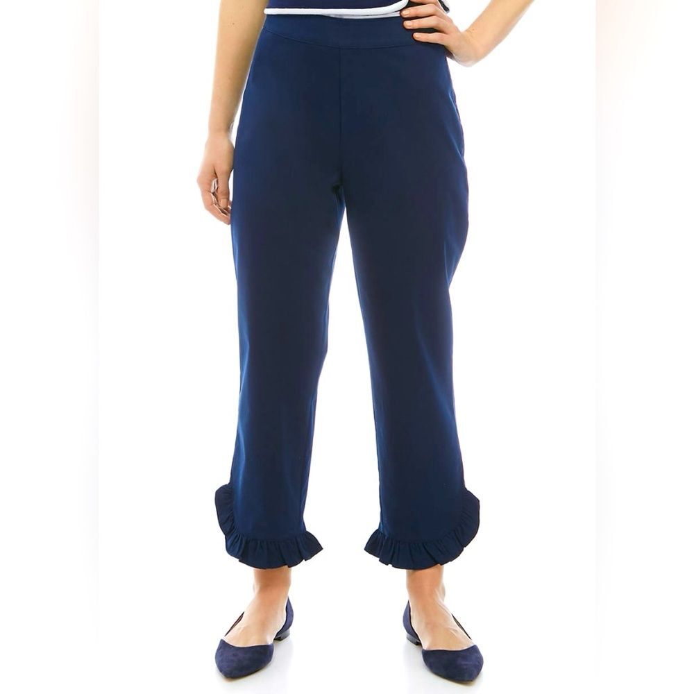 Women’s Kim Rogers navy capri pants with ruffle hem petite size 14 NWOT spring
